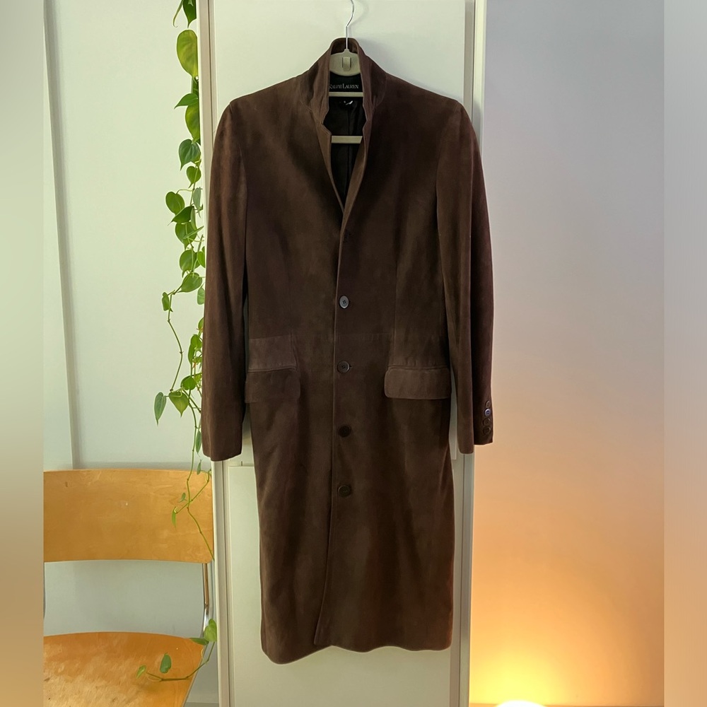 RALPH LAUREN 100% Suede Long Overcoat • Size 8 Slim Fit Fully Lined Women’s Coat